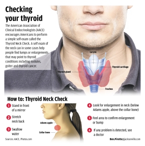A graphic showing the location of they thyroid and how to perform a self-check.